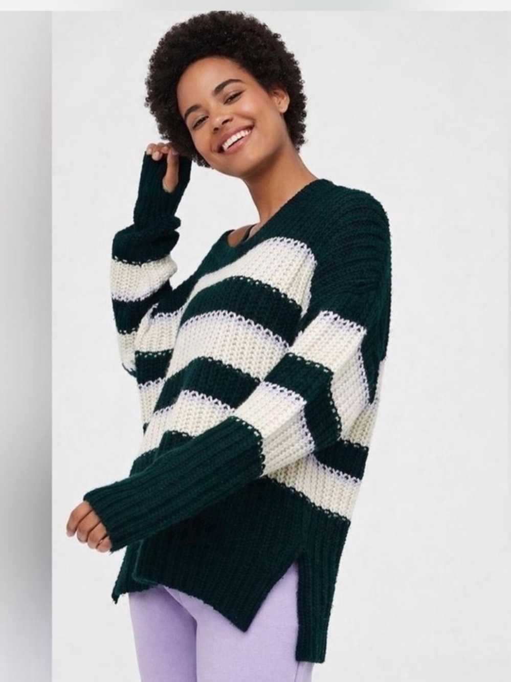 Aerie Bundle Up Pull Over Sweater Oversized Chunky Knit Small  Green Striped